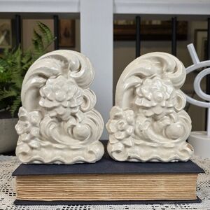 Vintage Ornate Floral Bookends Art Nouveau Cream Scroll Pair Shabby Chic Decor